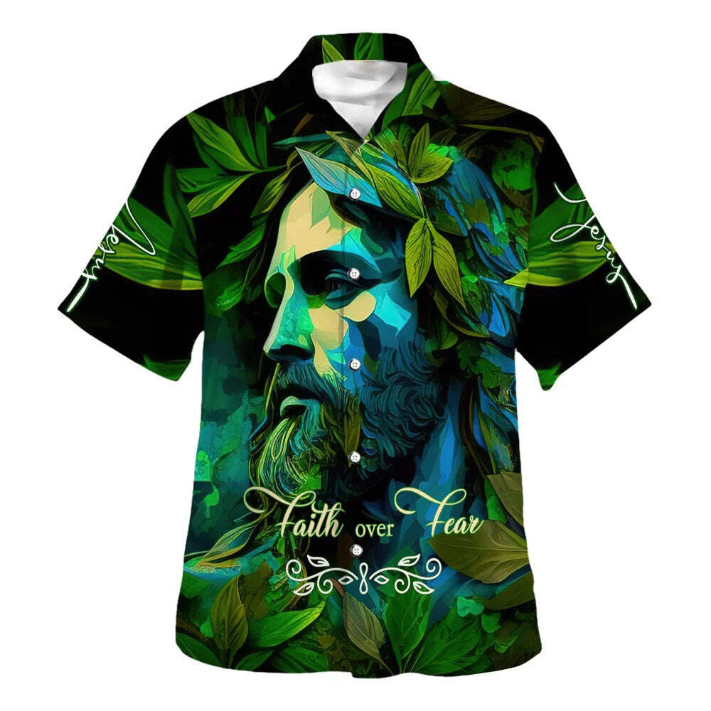Christian Hawaiian Shirt Faith Over Fear Green Jesus Faith Religious Gift