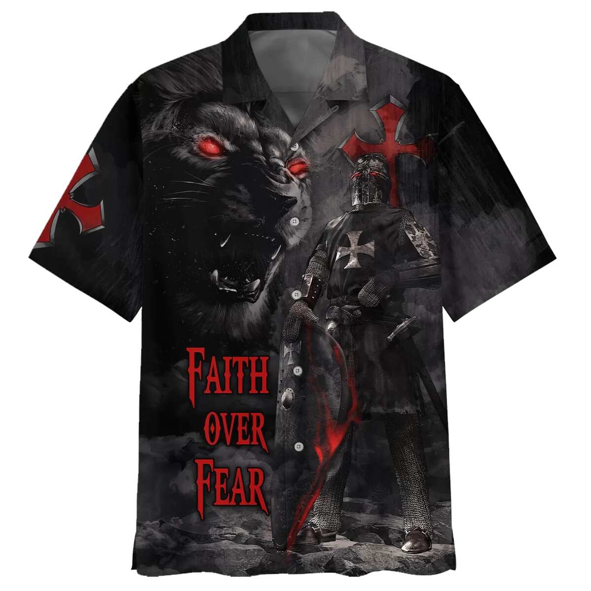 Faith Over Fear Warrior Of Christ Lion Cross Armor Of God Christian Hawaiian Shirt