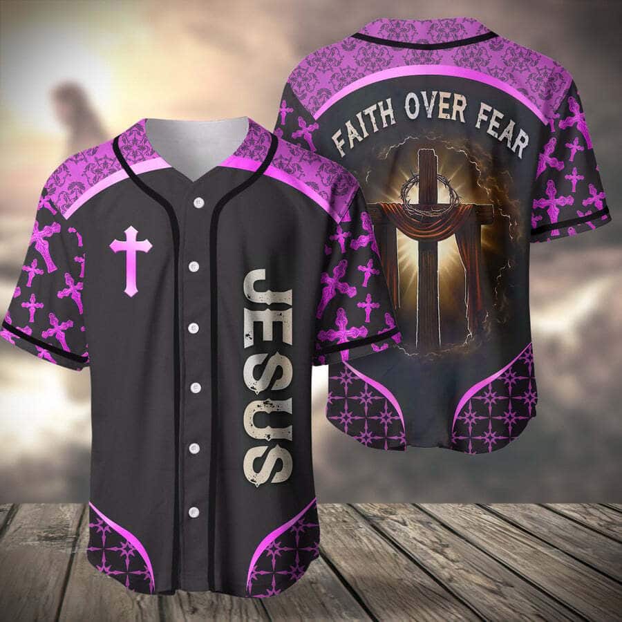 Purple Baseball Jersey Faith Over Fear Christian Faith Gift For Believers
