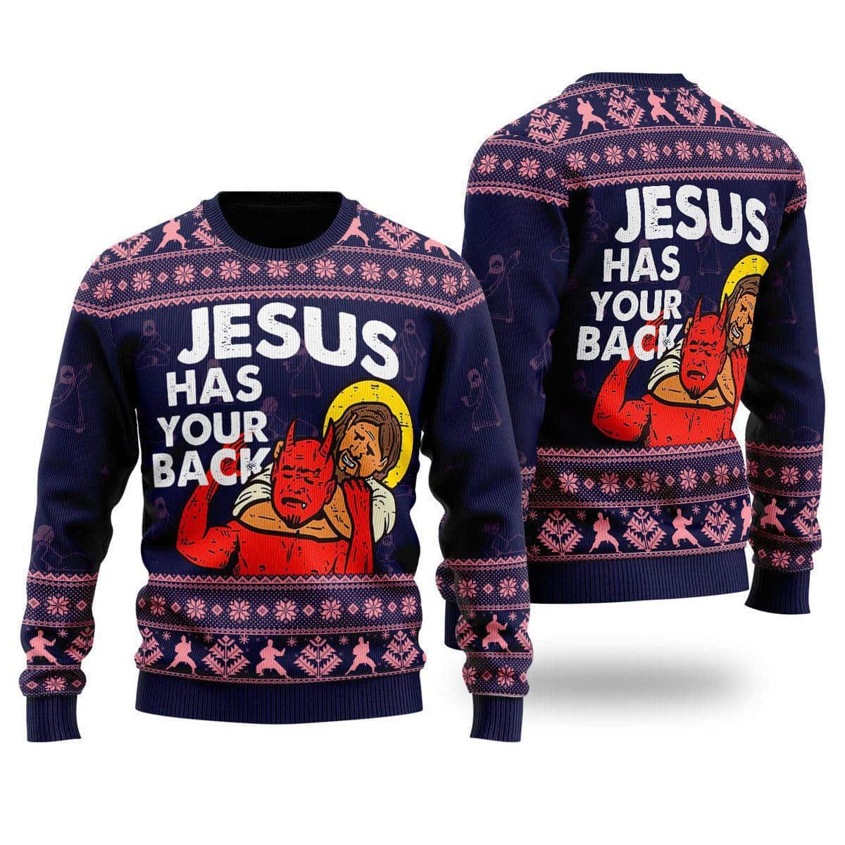 Funny Jesus Has Your Back Ugly Christmas Ugly Christmas Sweater Christian Religious Gift
