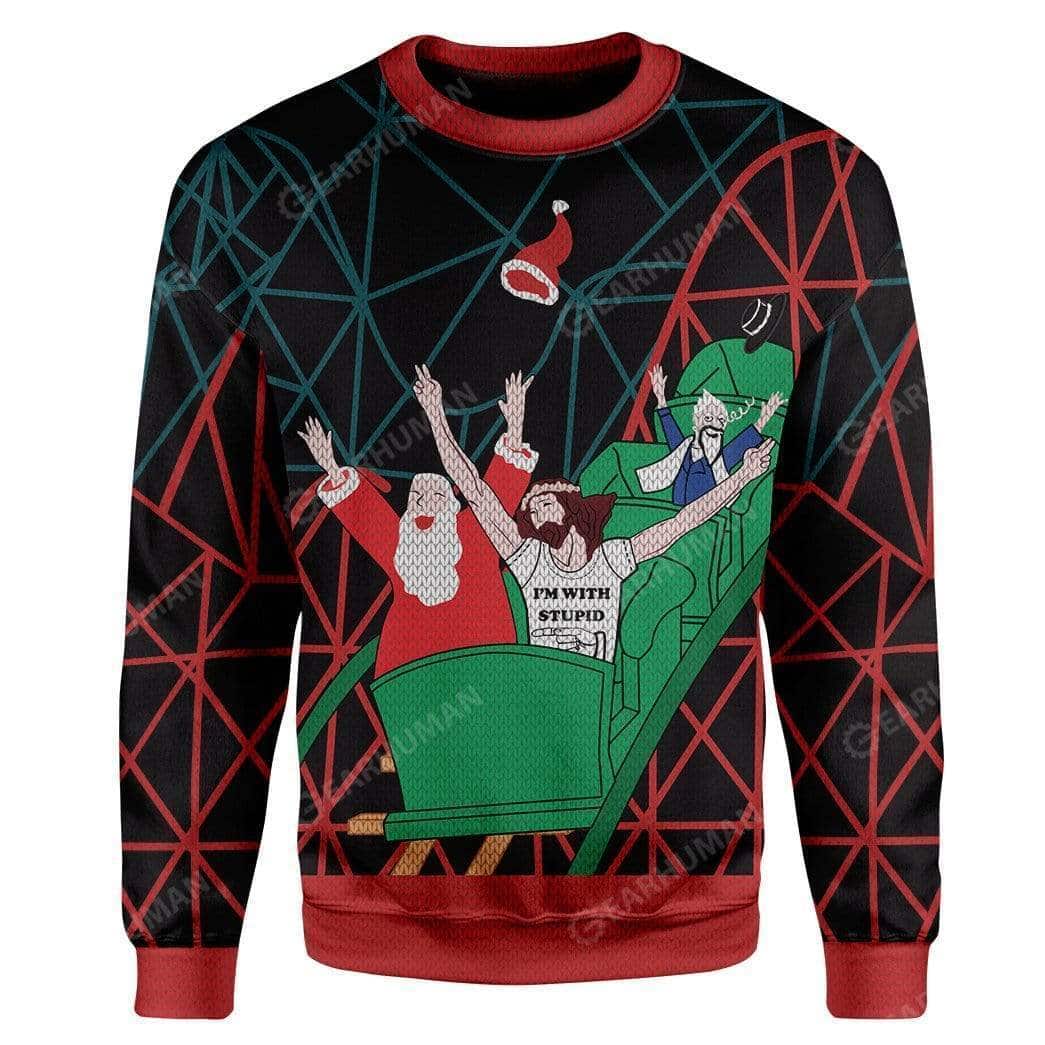 Santa And Funny Jesus I'm With Stupid Christmas Ugly Ugly Christmas Sweater