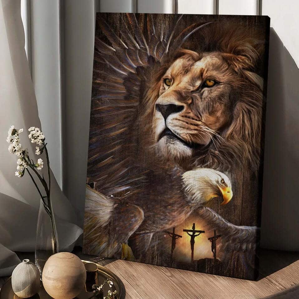 Lion Of Judah Eagle Drawing King Of Kings Jesus Cross Christian Religious Canvas Wall Art