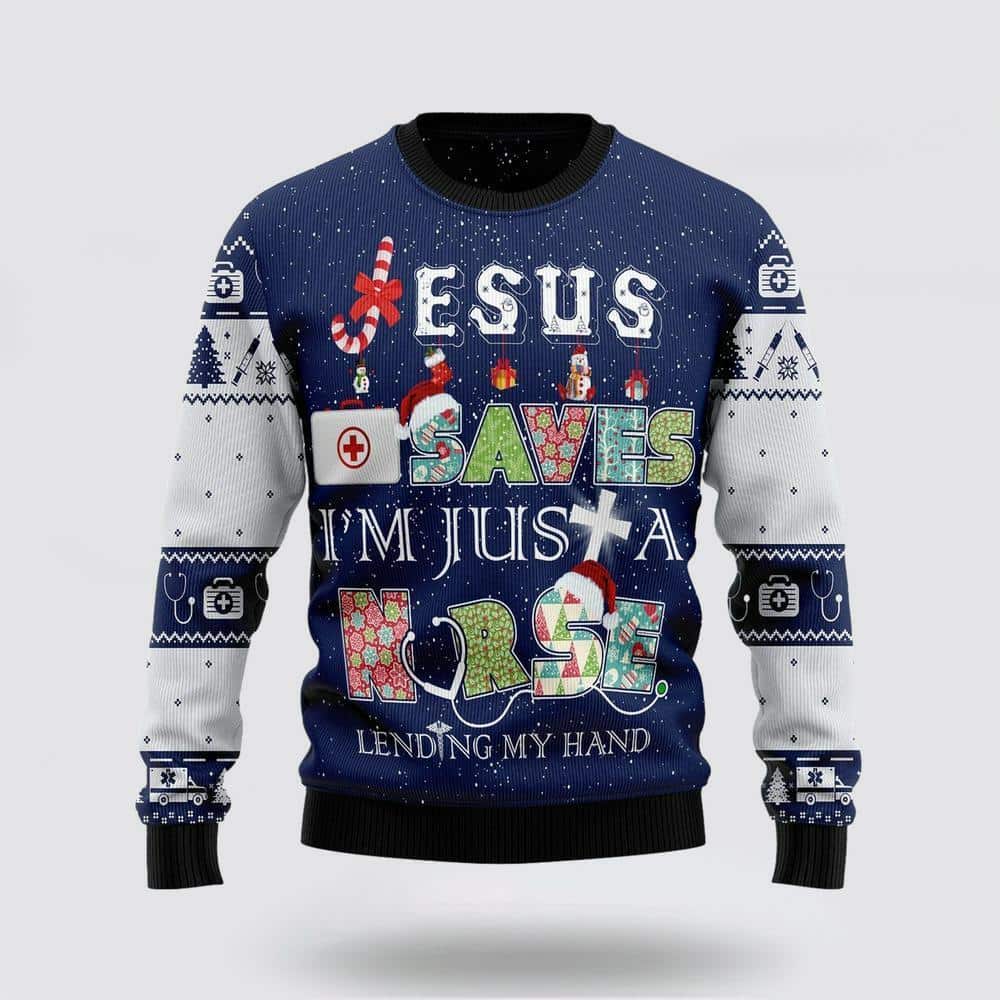Christian Ugly Christmas Sweater Nurse Life Jesus Saves Ugly Christmas Ugly Christmas Sweater Jesus Religious Gifts