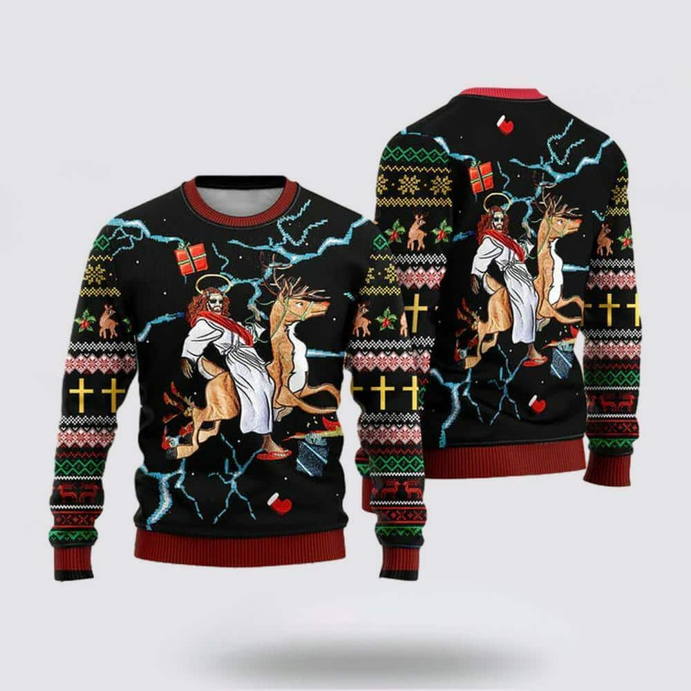 Christian Jesus Riding Reindeer Black Ugly Christmas Ugly Christmas Sweater