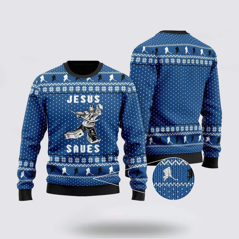 Christian Hockey Jesus Saves Christmas Ugly Christmas Ugly Christmas Sweater Funny Christian Gifts