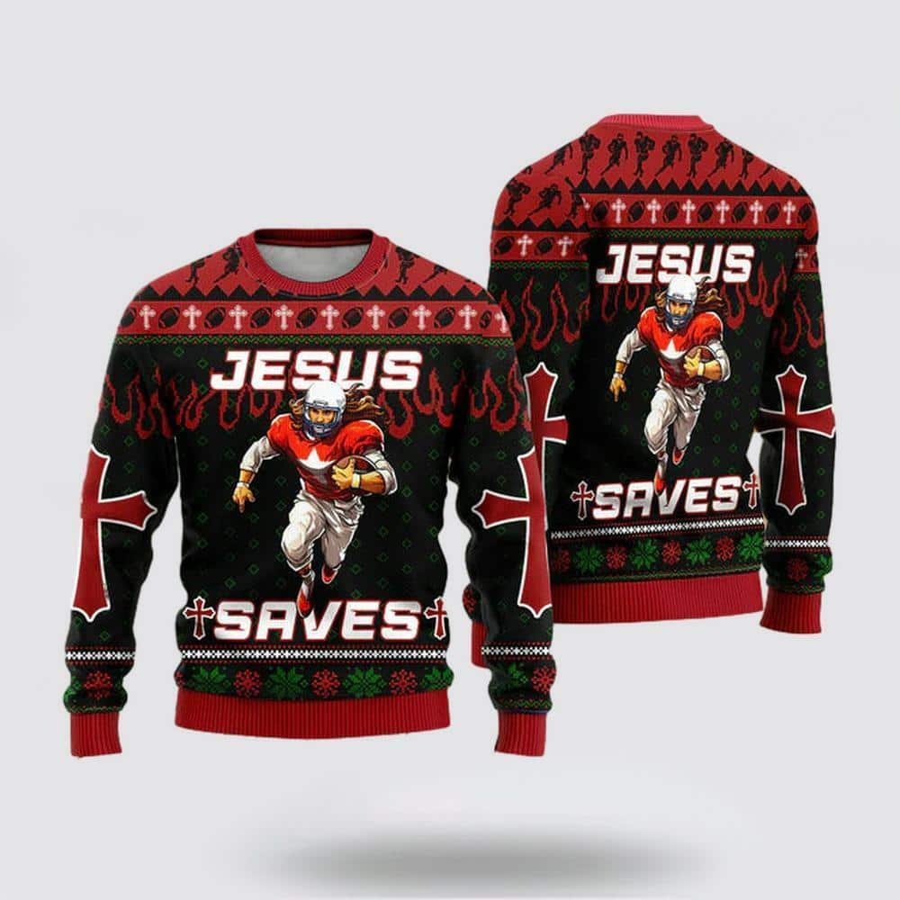 Cool Jesus American Football Team Red Ugly Christmas Ugly Christmas Sweater