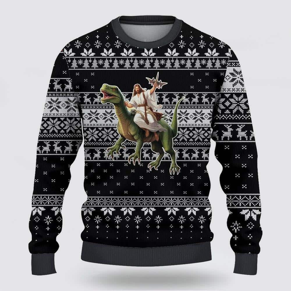Christian Ugly Christmas Ugly Christmas Sweater Jesus Riding A Dinosaur Religious Christmas Gifts