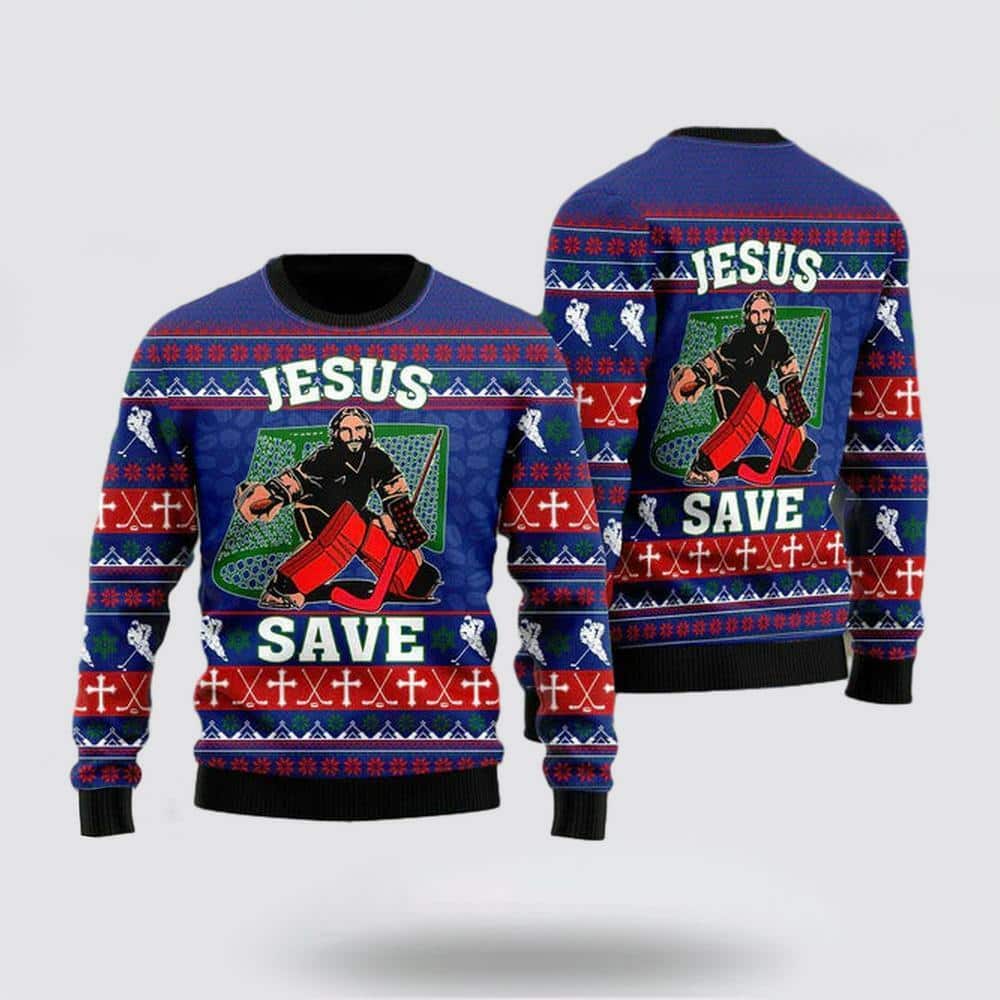 Christian Religious Jesus Saves Hockey Ugly Christmas Ugly Christmas Sweater