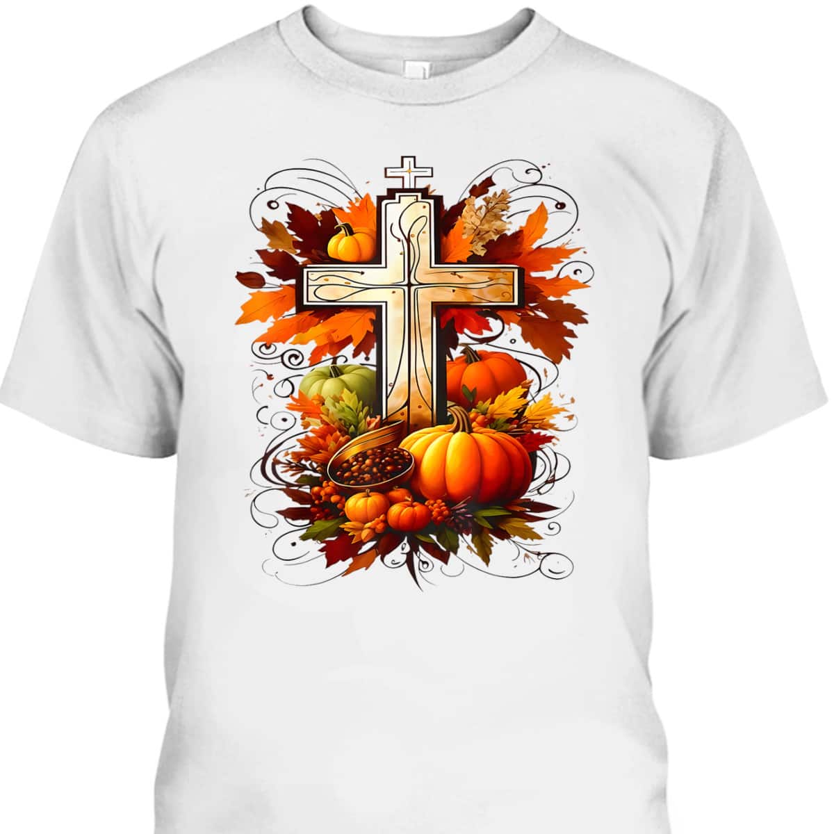 Christian Cross Jesus Leaves Pumpkins Thanksgiving T-Shirt