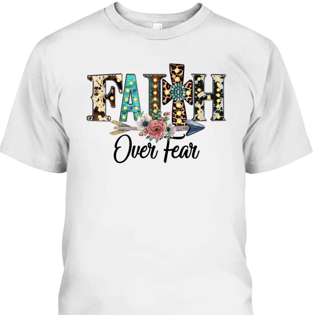 Leopard Faith Over Fear Cross Flowers Western Christian T-Shirt