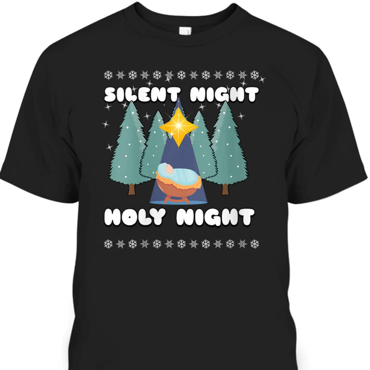 Silent Night Holy Night Trees Jesus Christmas Star Christian T-Shirt