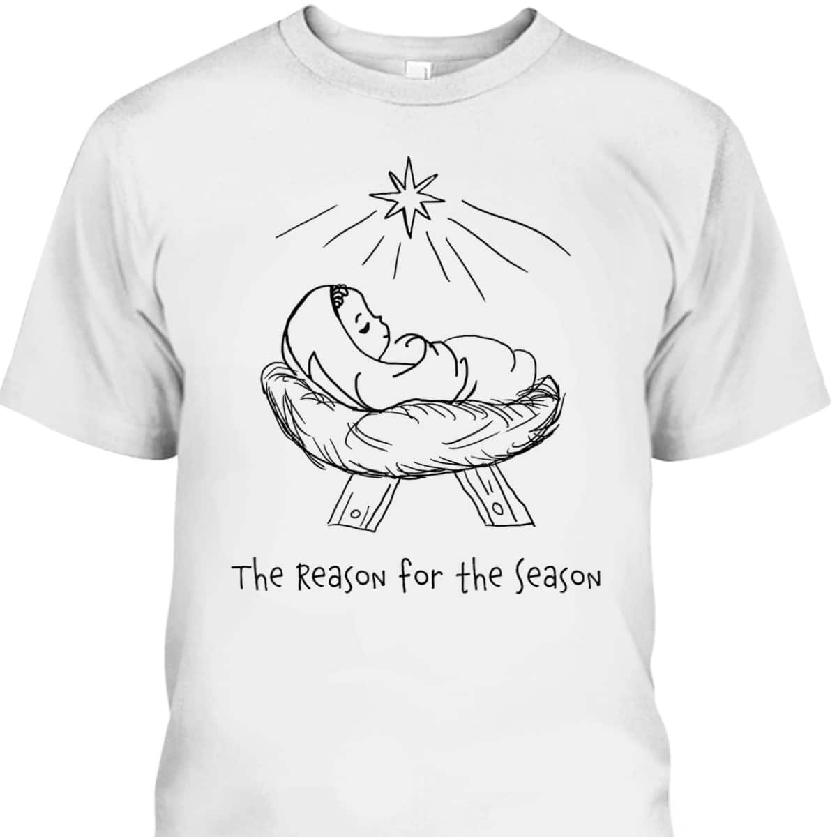 Religious Line Art Christmas Jesus The Reason For The Season T-Shirt