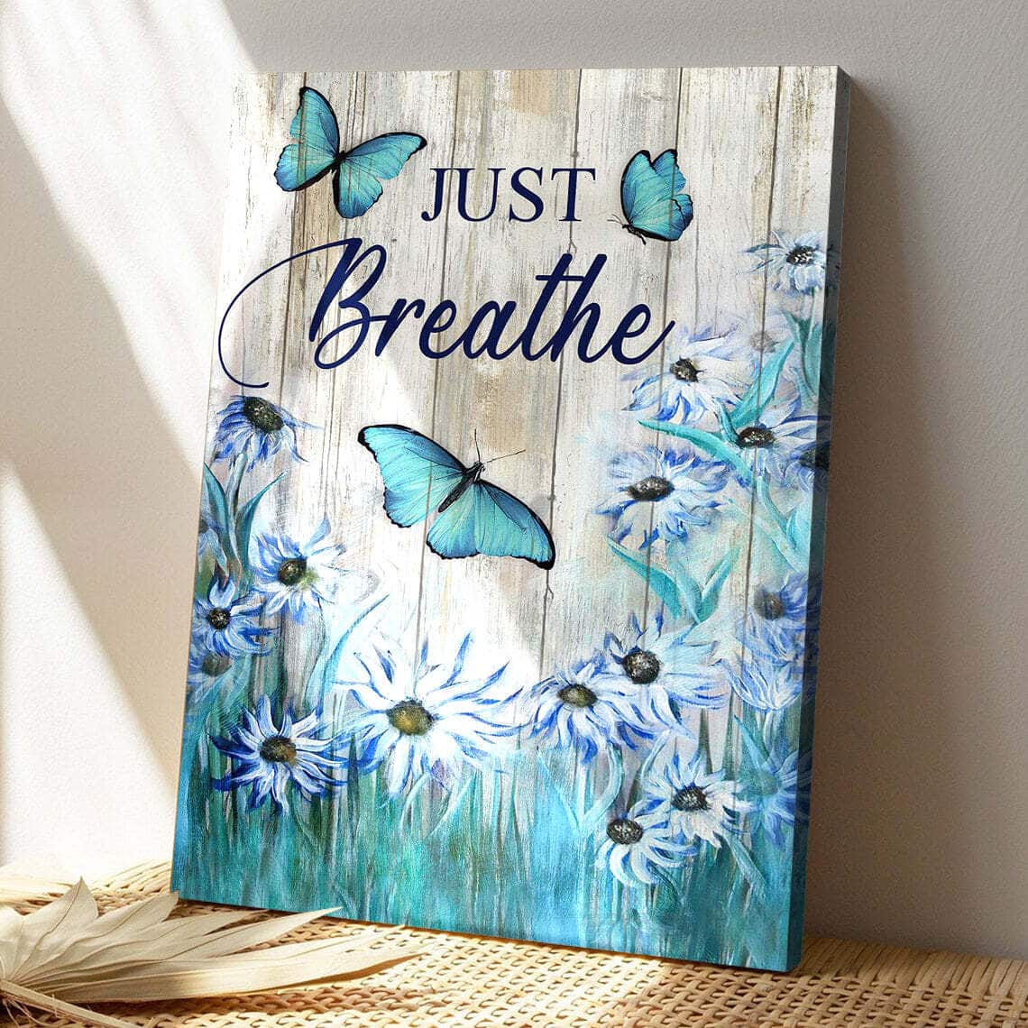 Green Butterfly With Flower Just Breathe Bible Verse Scripture Canvas Print
