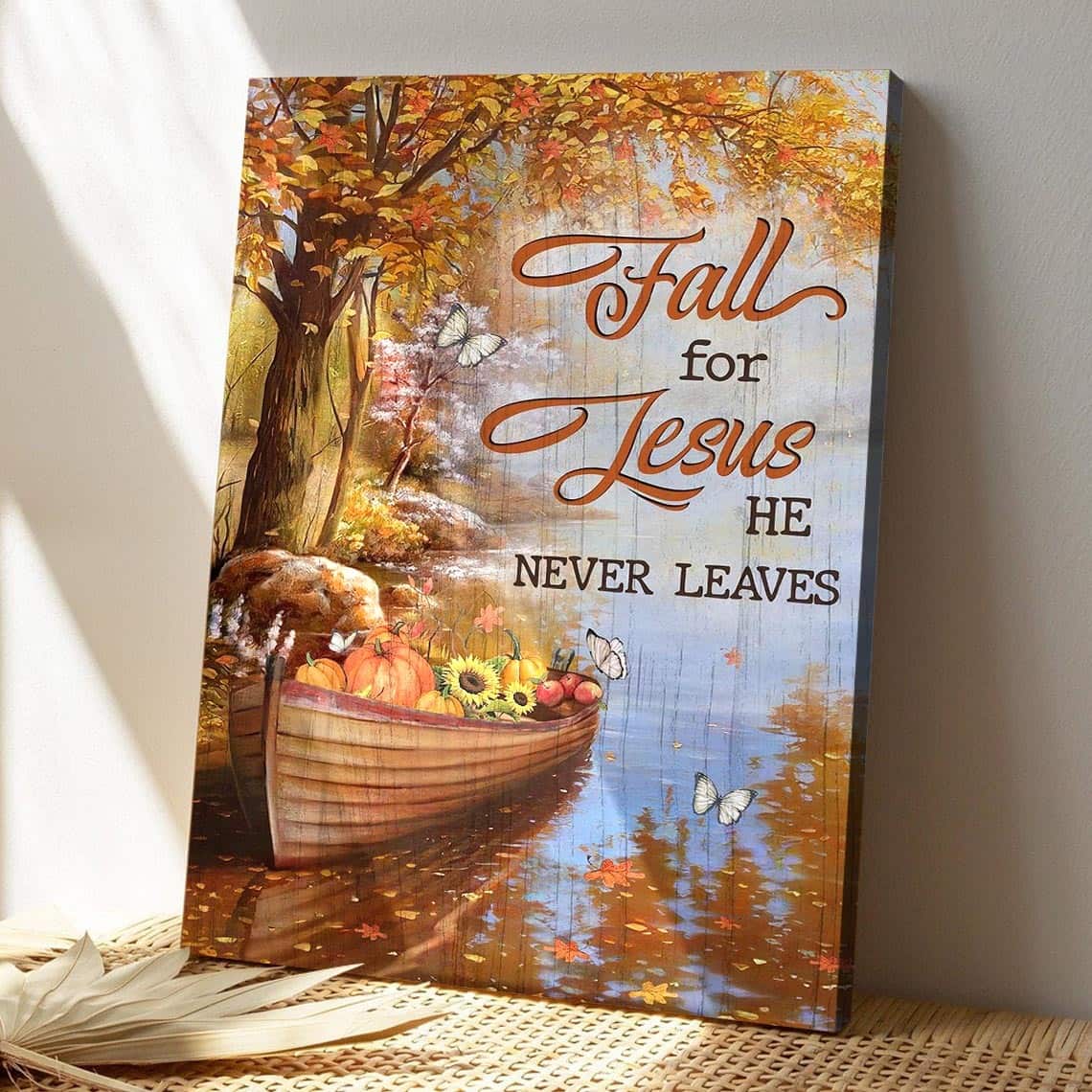 Pumpkin Boat Fall For Jesus He Never Leaves Bible Verse Scripture Canvas Print