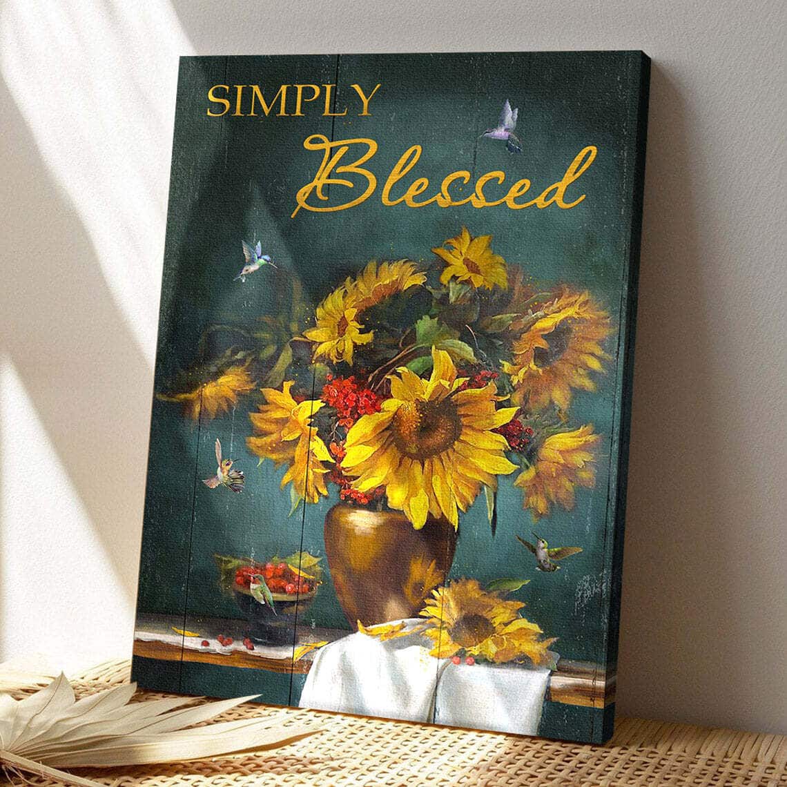 Sunflower Vase With Hummingbird Simple Blessed Bible Verse Scripture Canvas Print