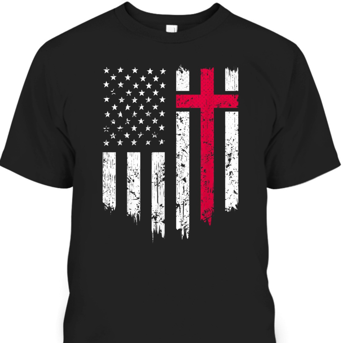 Vintage Distressed USA Flag With Christian Cross 4th Of July T-Shirt