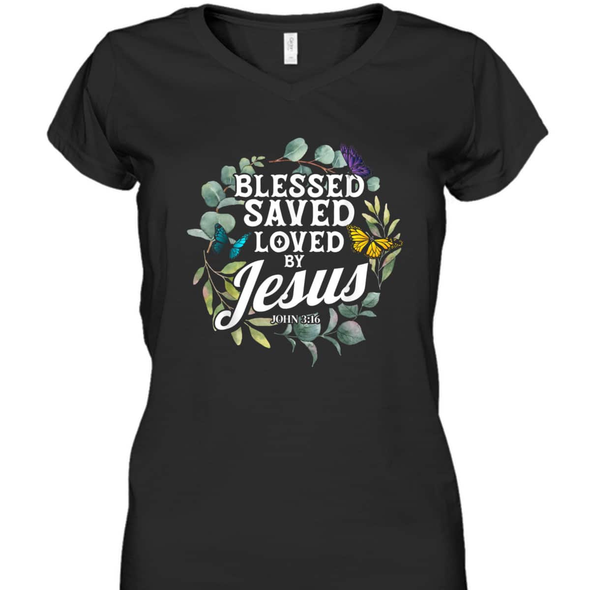 Bible Verse T-Shirt John 3:16 Flower Butterfly Blessed Saved Loved By Jesus