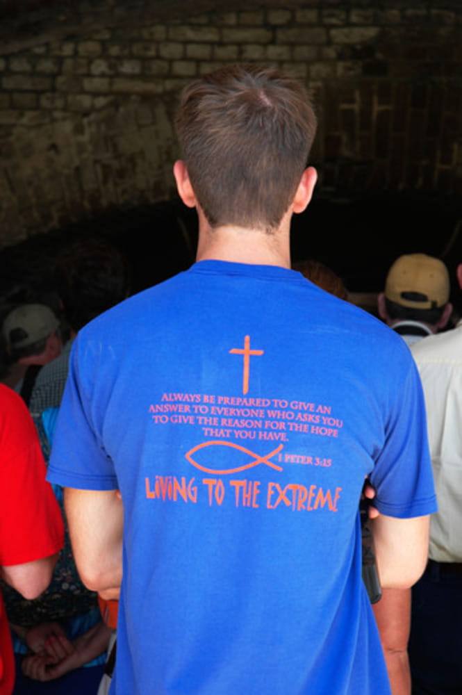 tourist wearing religious t-shirt charleston south carolina