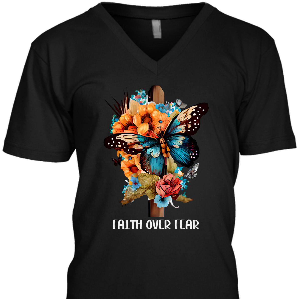 Faith Over Fear Christian Cross Butterfly Flowers Floral T-Shirt Faith Over Fear Christian Cross Butterfly Flowers Floral T-Shirt