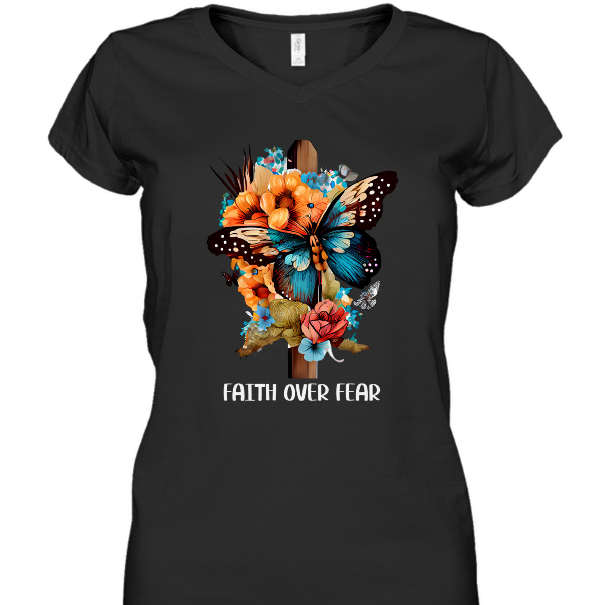 Faith Over Fear Christian Cross Butterfly Flowers Floral T-Shirt Faith Over Fear Christian Cross Butterfly Flowers Floral T-Shirt