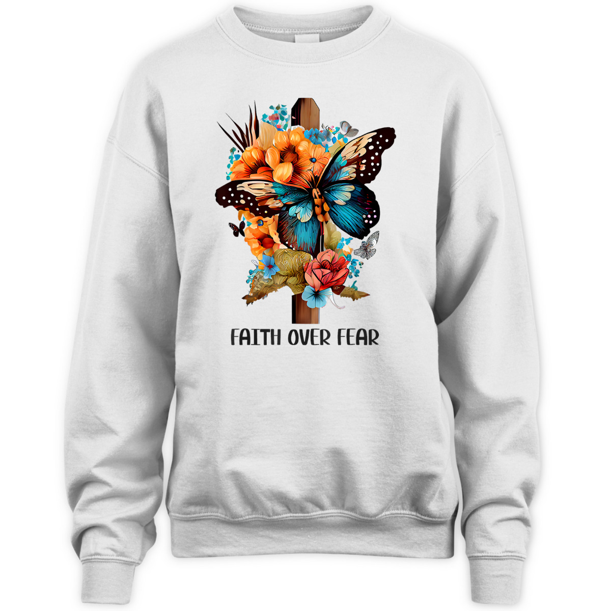 Christian Cross Faith Over Fear T-Shirt Butterfly Floral Flowers Religious Gift Christian Cross Faith Over Fear T-Shirt Butterfly Floral Flowers Religious Gift