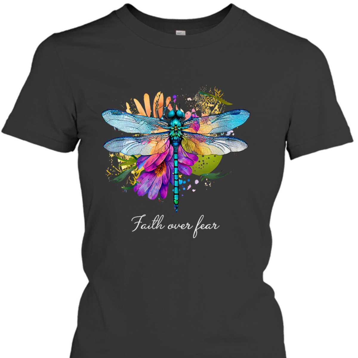 Faith Over Fear T-Shirt Floral Summer Dragonfly Christian Faith Gift