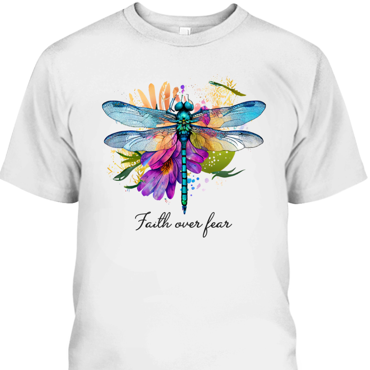 Faith Over Fear Floral Dragonfly Christian Religious T-Shirt