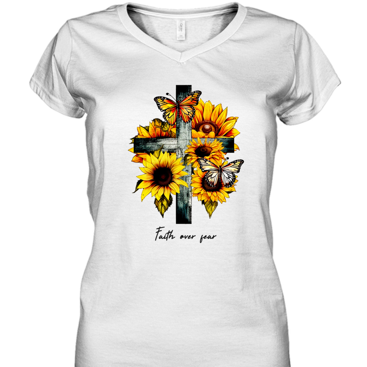 Faith Over Fear T-Shirt Christian Cross Sunflowers Butterflies Faith Over Fear T-Shirt Christian Cross Sunflowers Butterflies