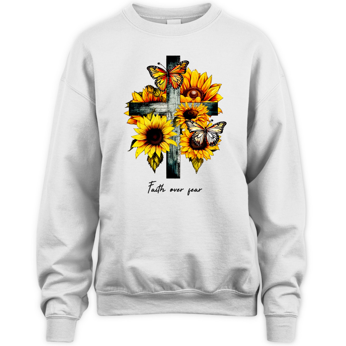 Faith Over Fear T-Shirt Christian Cross Sunflowers Butterflies Faith Over Fear T-Shirt Christian Cross Sunflowers Butterflies