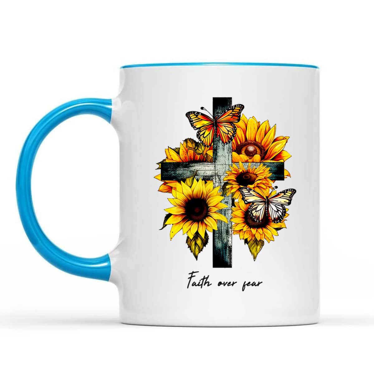 Faith Over Fear T-Shirt Christian Cross Sunflowers Butterflies Faith Over Fear T-Shirt Christian Cross Sunflowers Butterflies