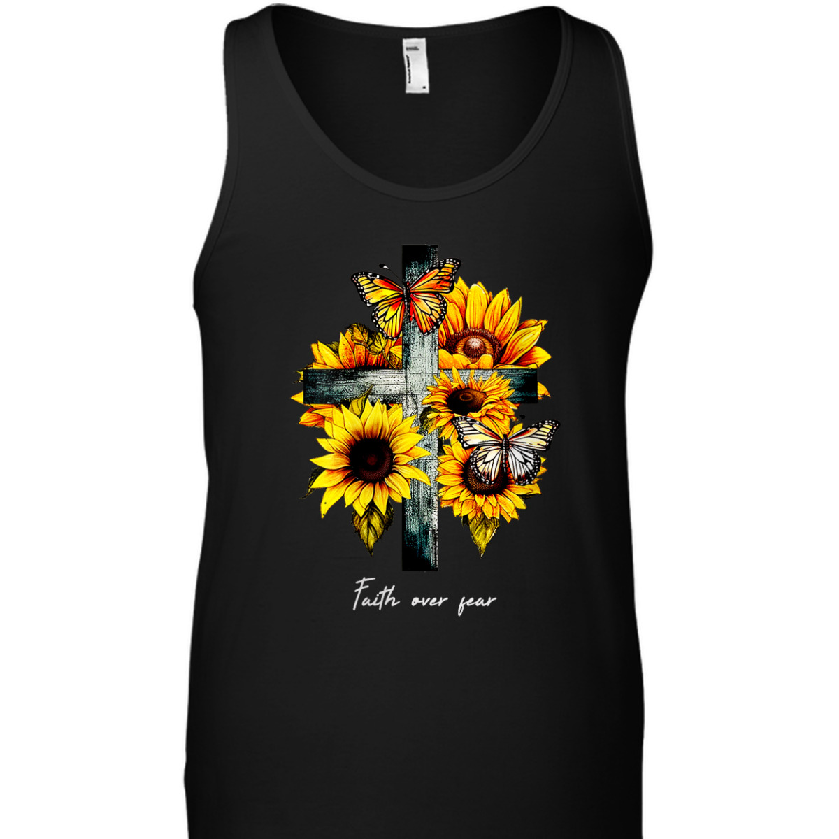 Christian Cross Faith Over Fear T-Shirt Sunflowers Butterflies Christian Cross Faith Over Fear T-Shirt Sunflowers Butterflies