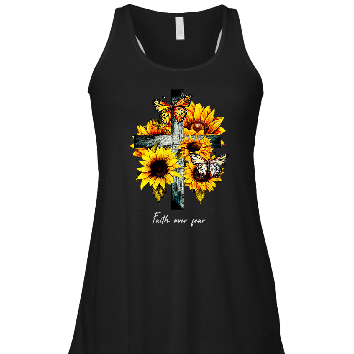 Christian Cross Faith Over Fear T-Shirt Sunflowers Butterflies Christian Cross Faith Over Fear T-Shirt Sunflowers Butterflies