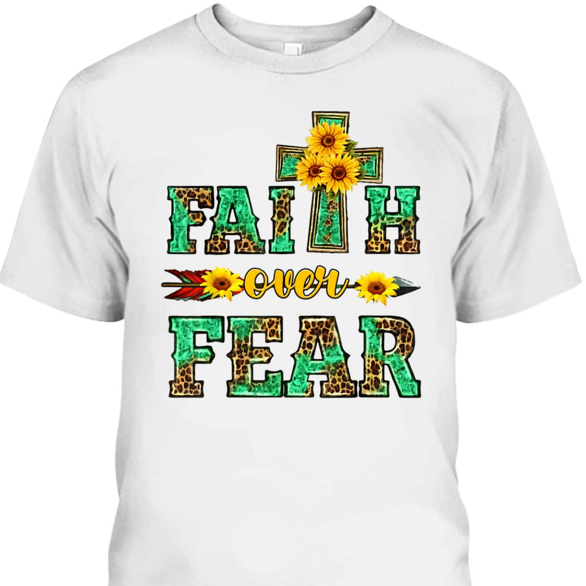 Leopard Sunflower Cross Faith Over Fear Christian Religious T-Shirt