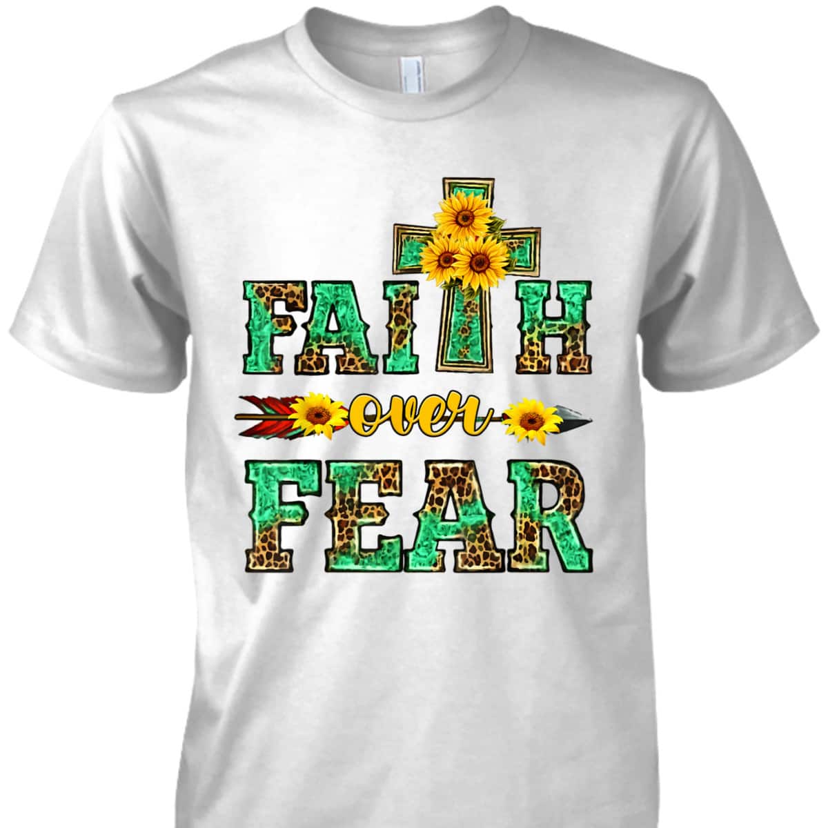 Leopard Sunflower Cross Faith Over Fear Christian Religious T-Shirt Leopard Sunflower Cross Faith Over Fear Christian Religious T-Shirt