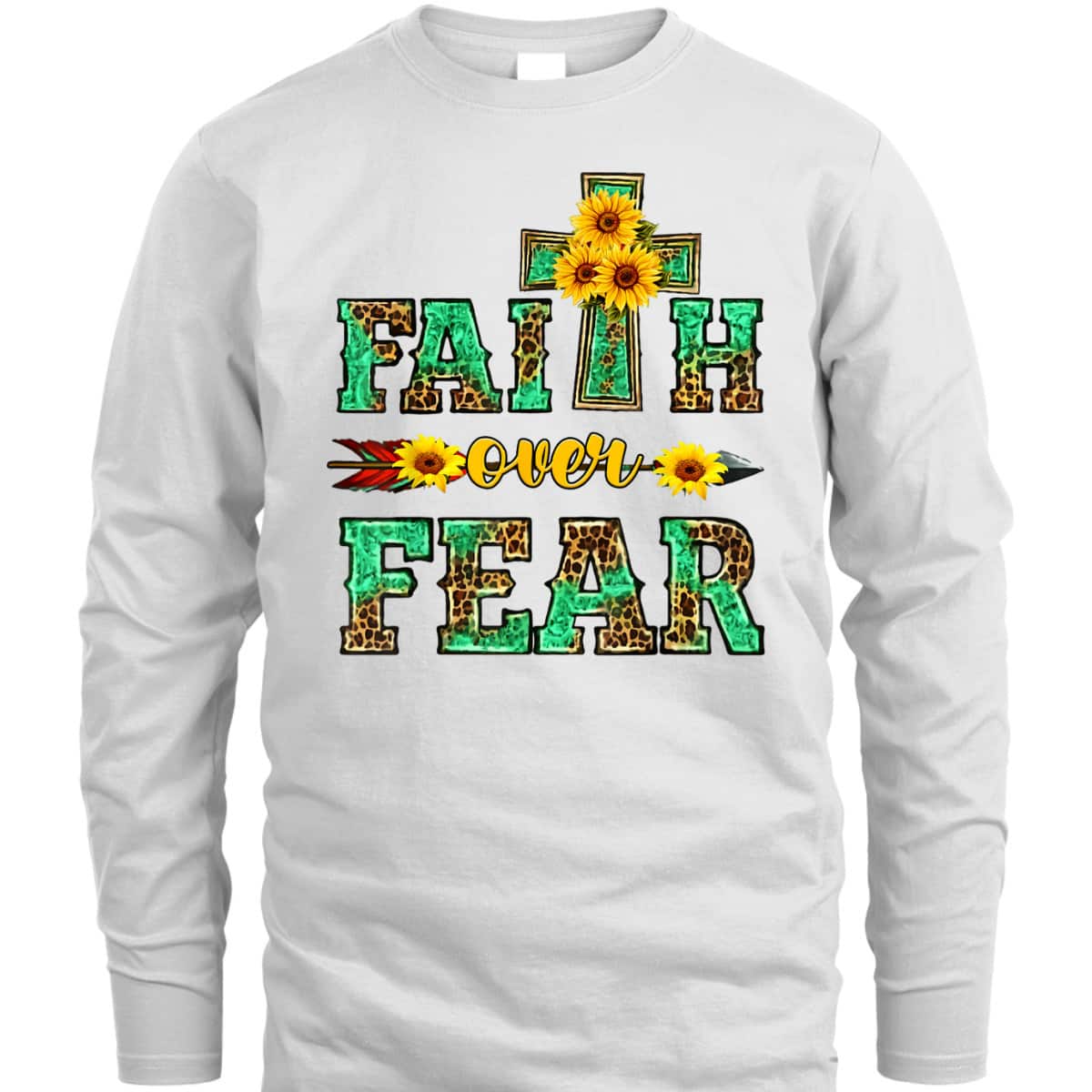 Leopard Sunflower Cross Faith Over Fear Christian Religious T-Shirt Leopard Sunflower Cross Faith Over Fear Christian Religious T-Shirt