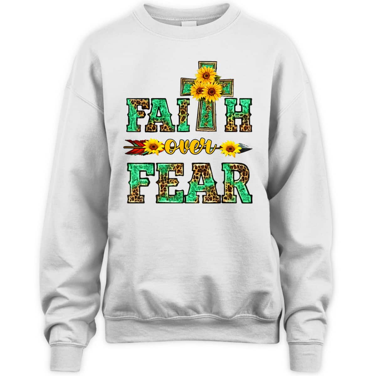 Leopard Sunflower Cross Faith Over Fear Christian Religious T-Shirt Leopard Sunflower Cross Faith Over Fear Christian Religious T-Shirt
