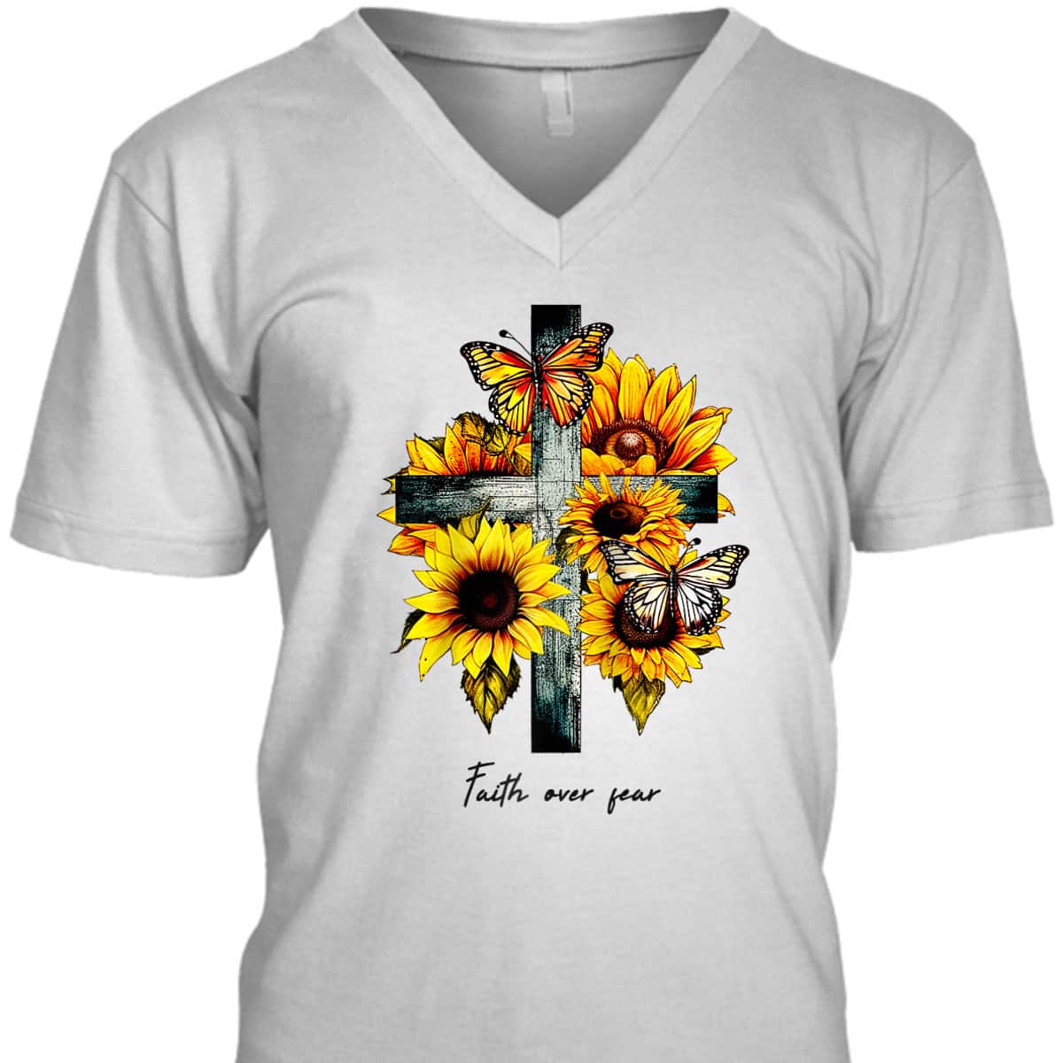 Faith Over Fear Cross Sunflowers Butterflies Christian T-Shirt Faith Over Fear Cross Sunflowers Butterflies Christian T-Shirt