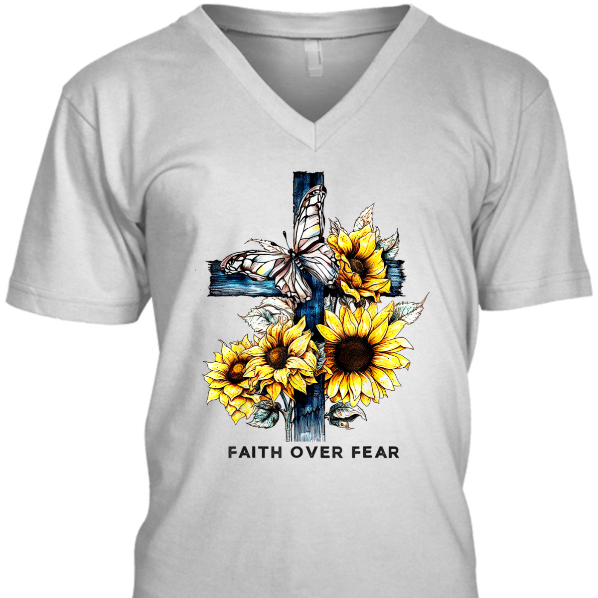 Christian Cross Sunflowers Butterflies Faith Over Fear T-Shirt Christian Cross Sunflowers Butterflies Faith Over Fear T-Shirt
