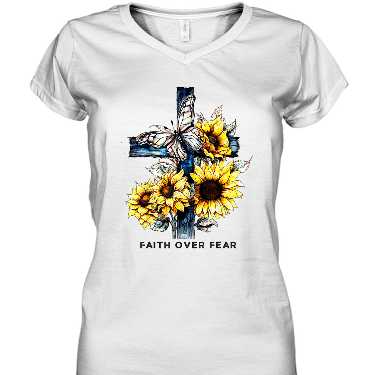 Christian Cross Sunflowers Butterflies Faith Over Fear T-Shirt Christian Cross Sunflowers Butterflies Faith Over Fear T-Shirt