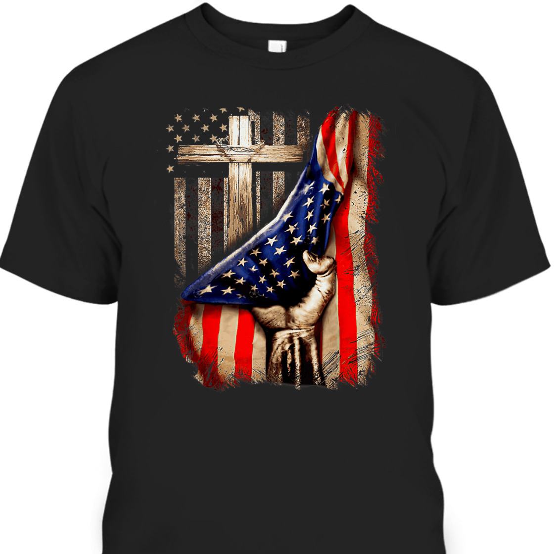 4th Of July Gift Christian Cross And American Flag Christian Patriotic T-Shirt