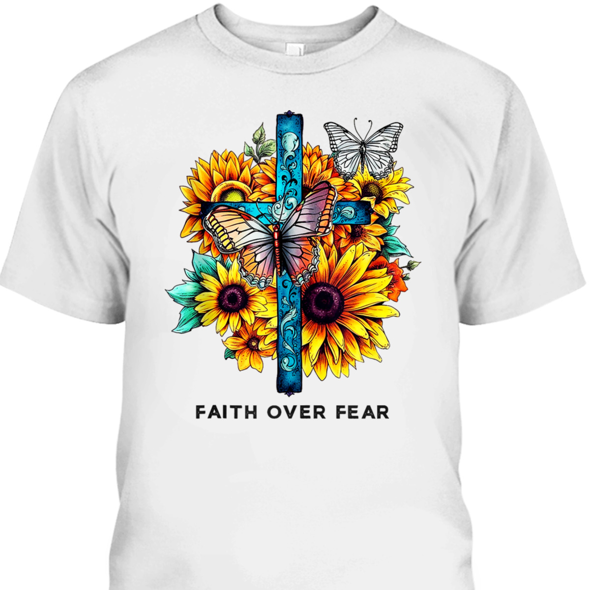 Floral Cross Christian Faith Over Fear Religious Bible Verse T-Shirt Butterflies