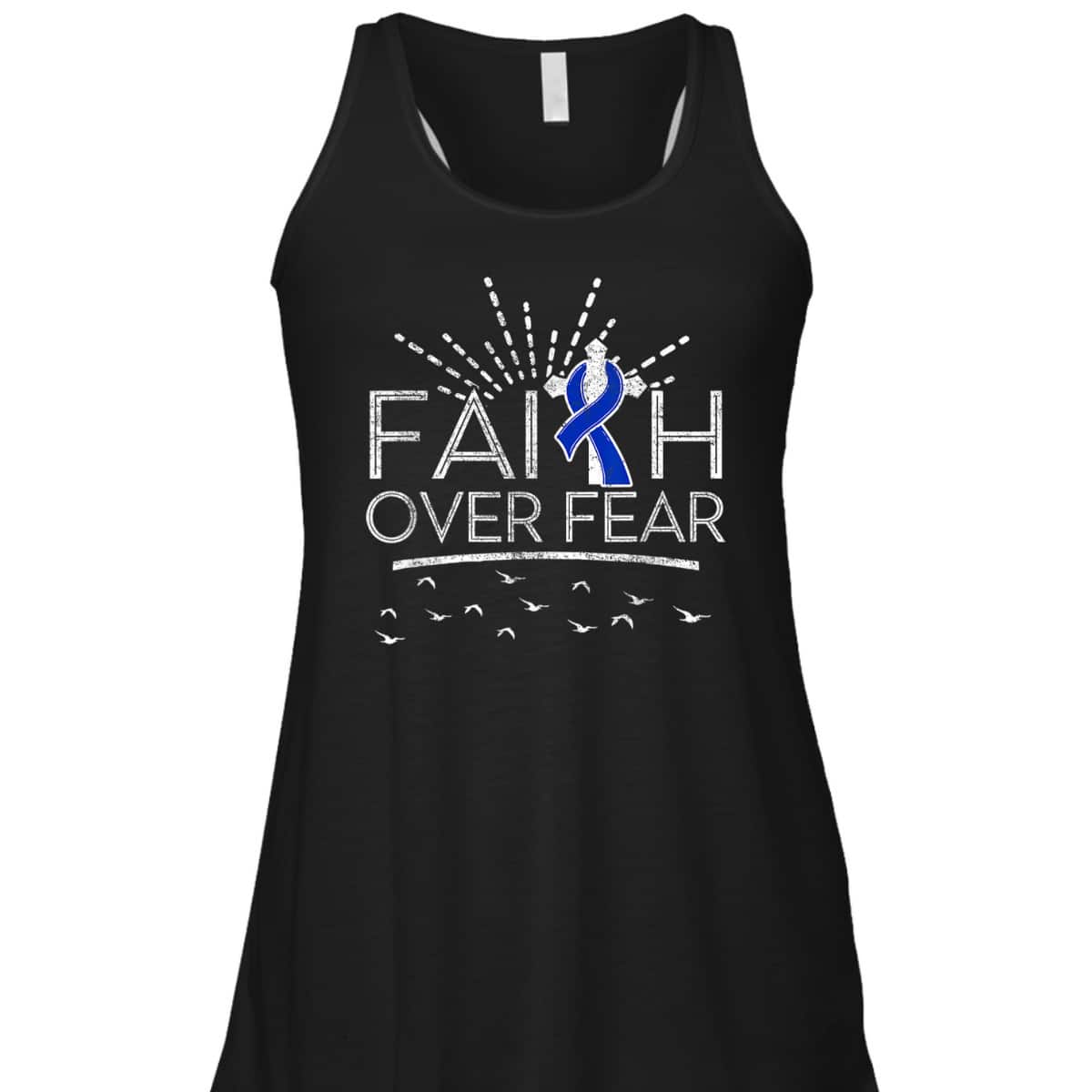 Colon Cancer Christian Faith Over Fear Dark Blue Ribbon T-Shirt Colon Cancer Christian Faith Over Fear Dark Blue Ribbon T-Shirt
