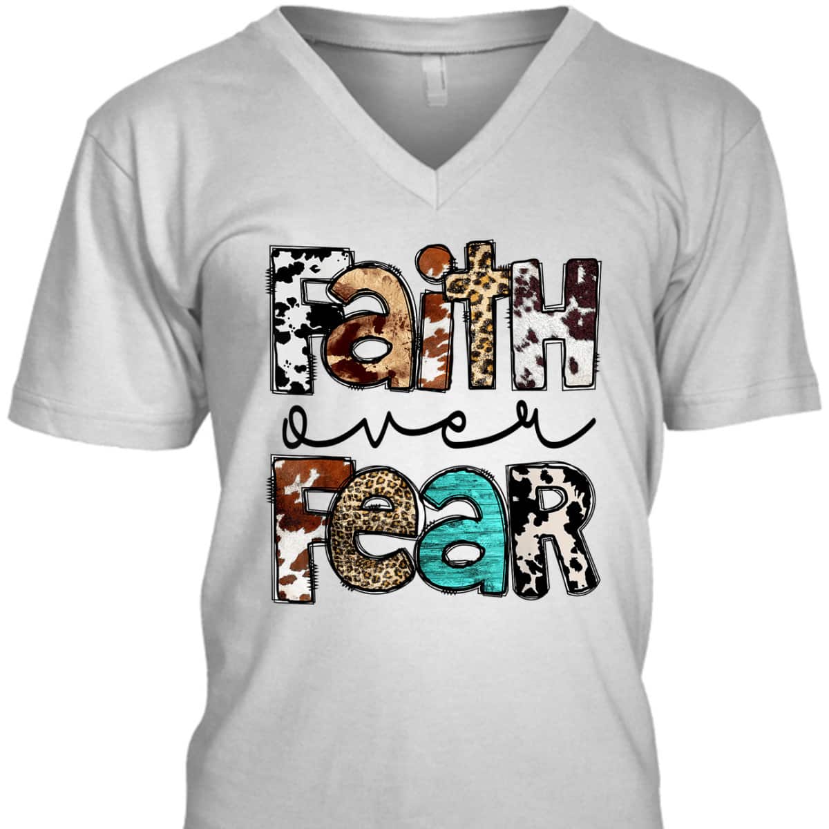 Western Cowhide Leopard Jesus Christian Faith Over Fear T-Shirt Western Cowhide Leopard Jesus Christian Faith Over Fear T-Shirt
