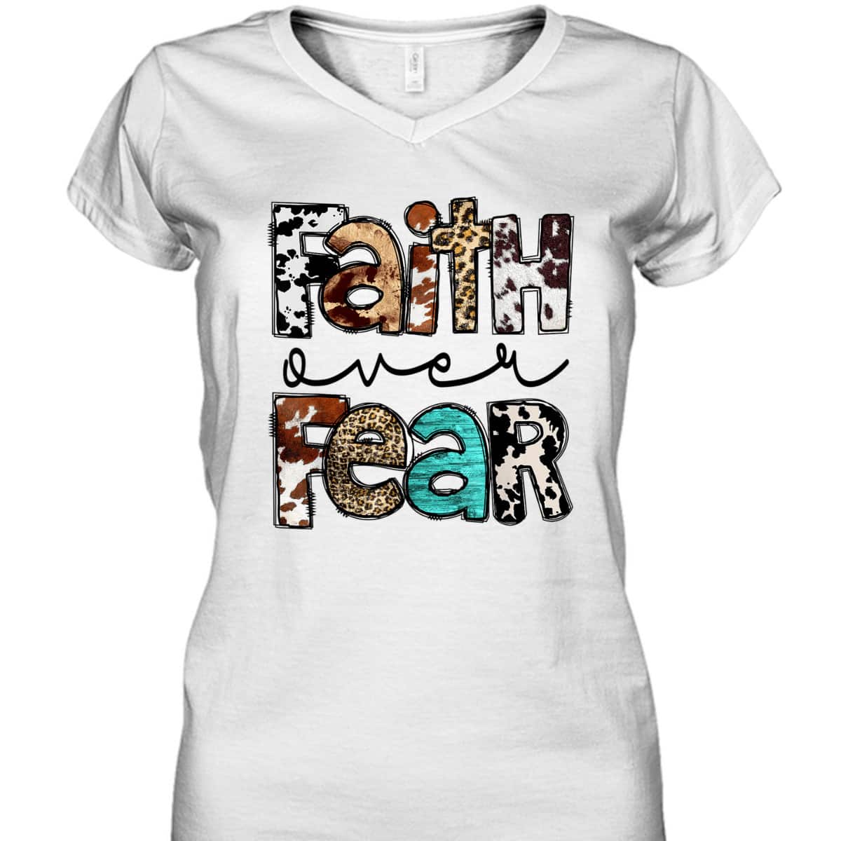 Western Cowhide Leopard Jesus Christian Faith Over Fear T-Shirt Western Cowhide Leopard Jesus Christian Faith Over Fear T-Shirt