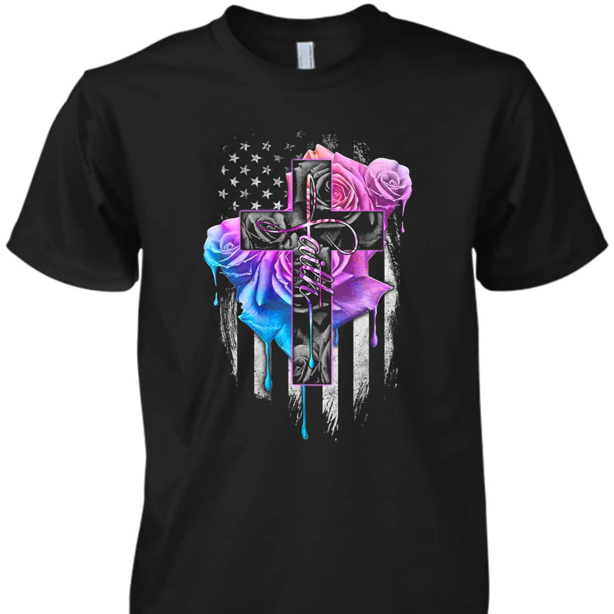 Christian Faith T-Shirt Rose Watercolor Cross US Flag July Fourth Christian Faith T-Shirt Rose Watercolor Cross US Flag July Fourth