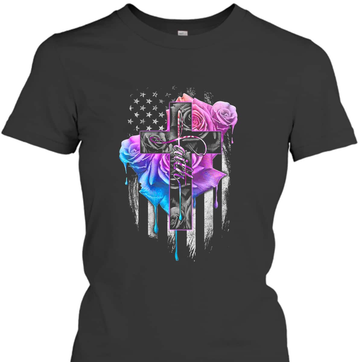 Christian Faith T-Shirt Rose Watercolor Cross US Flag July Fourth Christian Faith T-Shirt Rose Watercolor Cross US Flag July Fourth