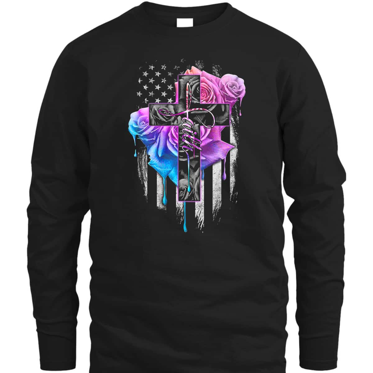 Christian Faith T-Shirt Rose Watercolor Cross US Flag July Fourth Christian Faith T-Shirt Rose Watercolor Cross US Flag July Fourth