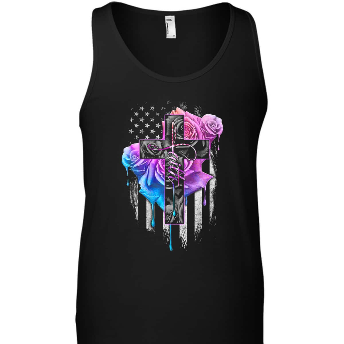 Christian Faith T-Shirt Rose Watercolor Cross US Flag July Fourth Christian Faith T-Shirt Rose Watercolor Cross US Flag July Fourth