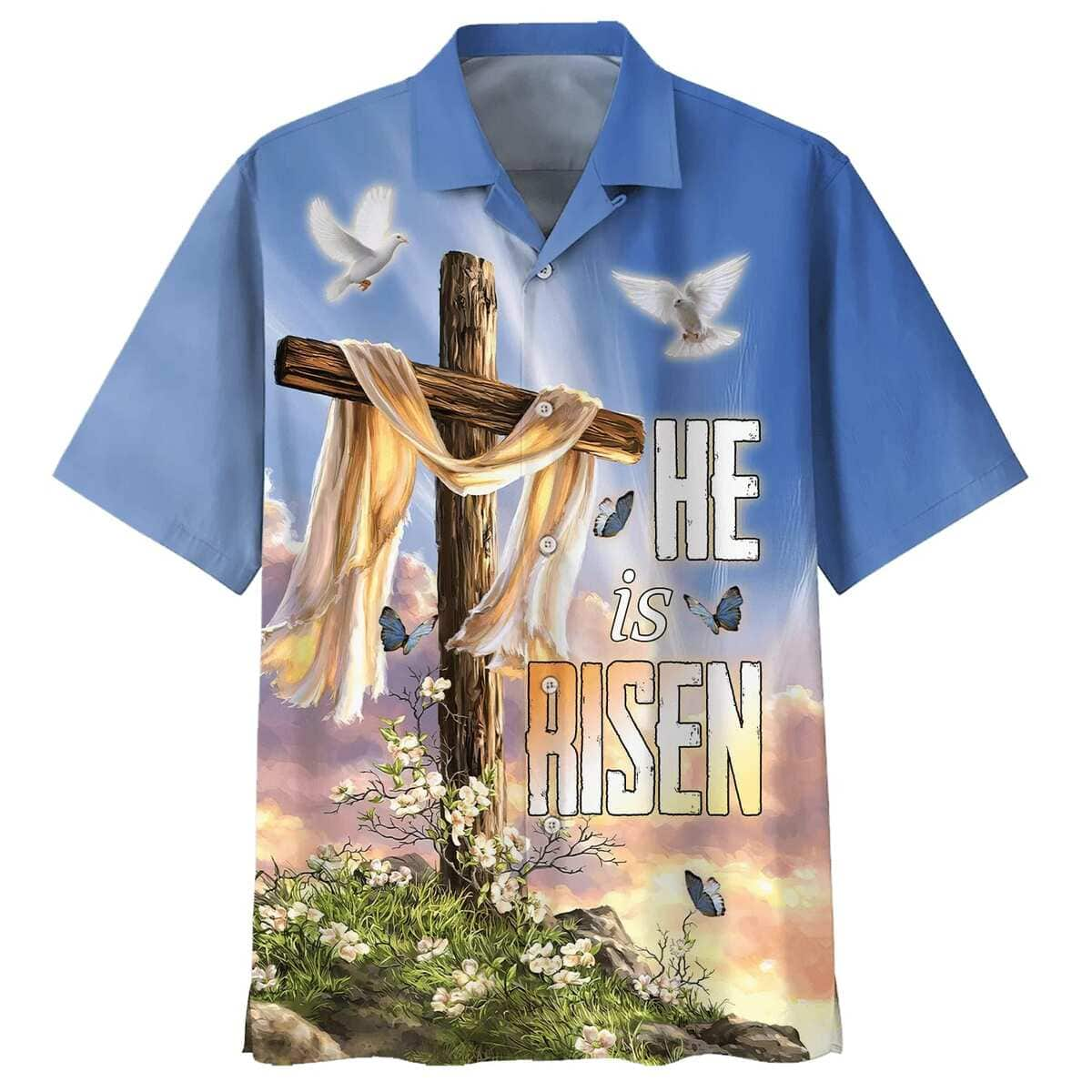 Easter Day Christian Hawaiian Shirt He Is Risen Dove Cross Flower