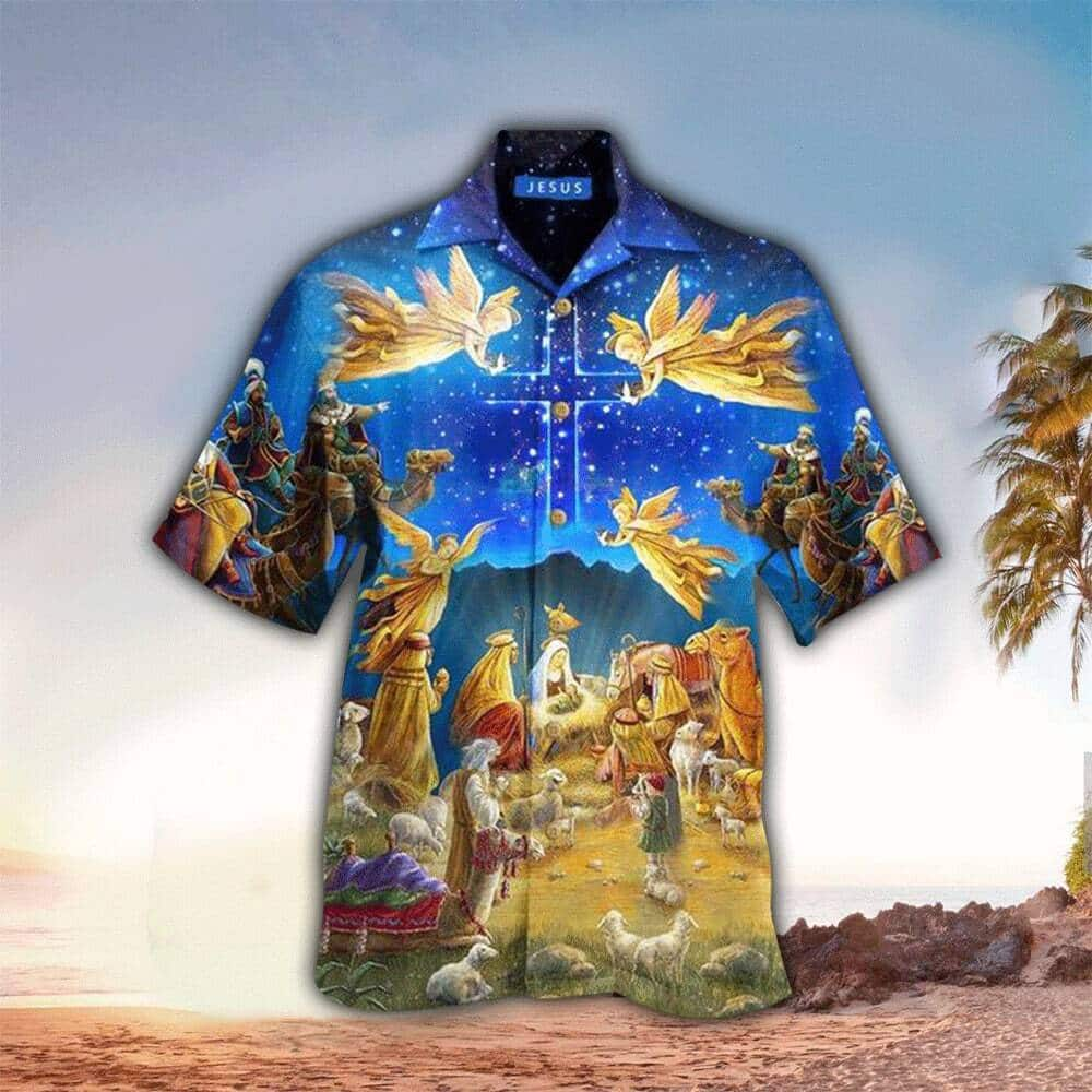 Christian Religious Christmas Hawaiian Shirt Jesus Was Born Holy Night Angel